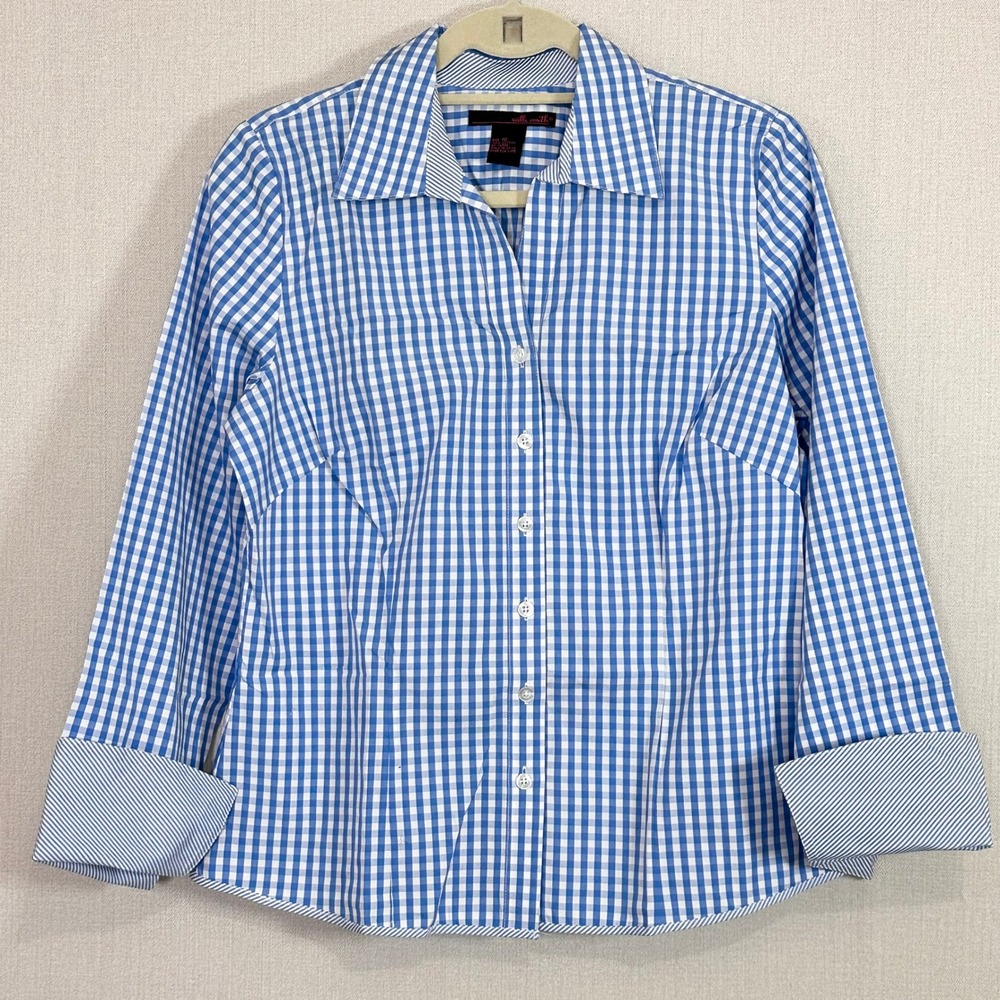 Blue White Gingham Cotton Button Down Shirt Preppy Coastal Size 10
